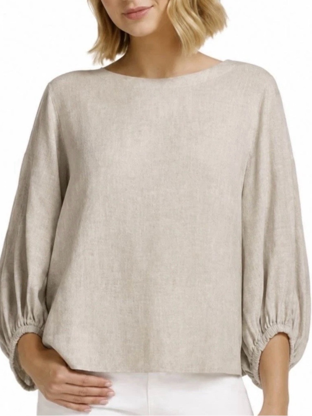 Matty M Neutral Beige Linen-Blend Balloon Sleeve Top